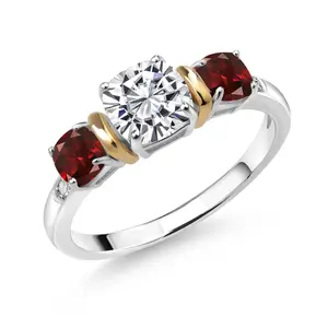 Gem Stone King 1.88 Cttw 925 Silver & 10K Yellow Gold IGI Certified Lab Grown Diamond and Garnet 3 Stone Ring For Women | 1 Ct Center Cushion Cut Diamond | D-E Color VS1-VS2 Clarity
