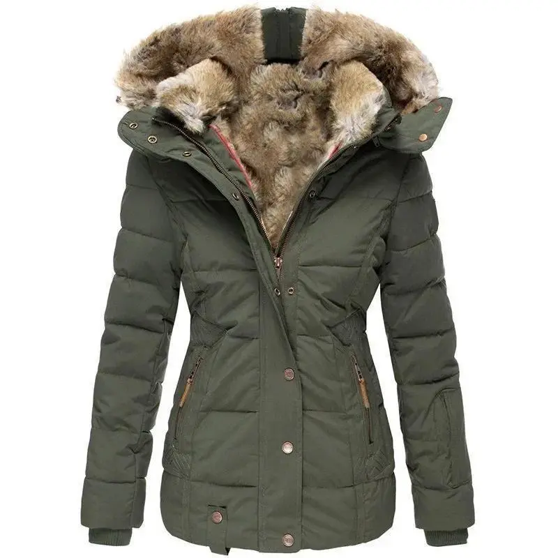 2025 Winter Warm Collar  Coat Womens Zipper Long Sleeve Slim Fit Hooded  Coat cotton Can be used with a raincoat