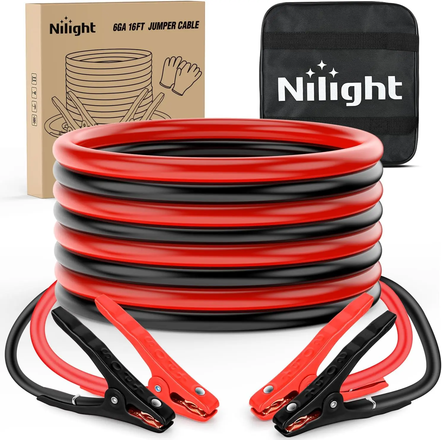 Nilight Heavy Duty Car Battery Jumper Cables Kit, 6 Gauge 16 FT 450A Peak CCA, Copper Clad Aluminum with PVC, Premium Conductivity, Anti-Cracking, Anti-Folding, Storage Bag & Gloves for Sedan, SUV, Pickup Dead/Weak Batteries
