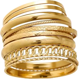 Gold Bangle Bracelets for Women, Indian Bangles Stackable Set, Multi Layer Textured 14K Gold Plated Chunky Bracelets Boho Jewelrys Set