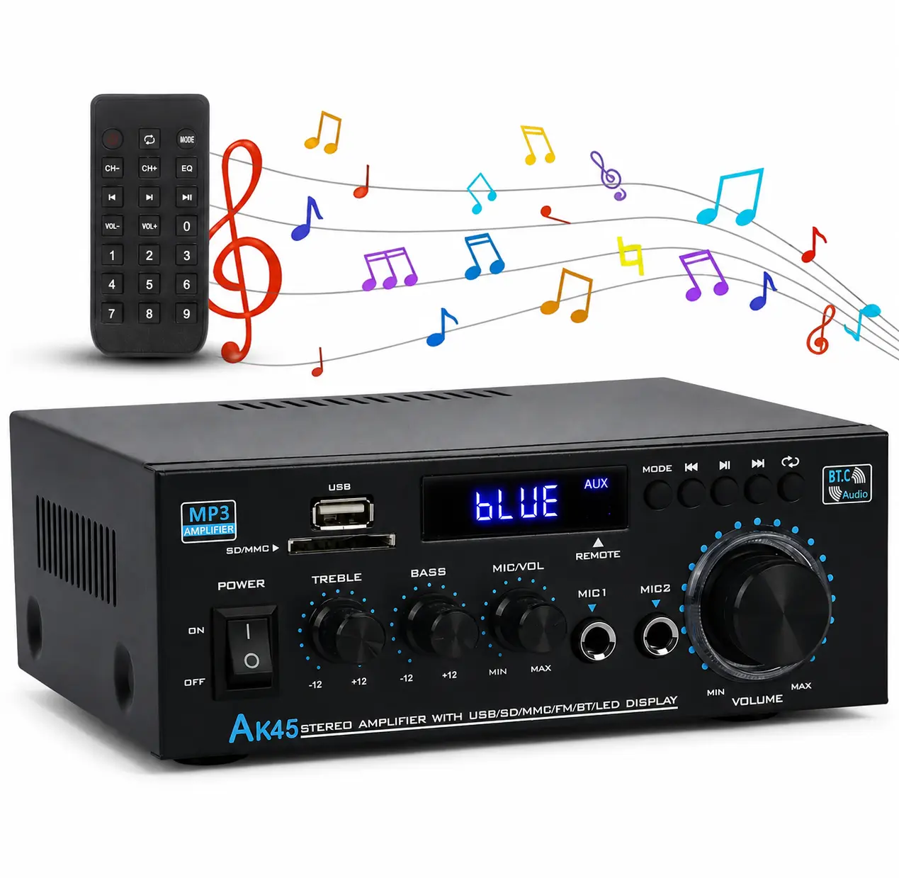 AK45 400W Bluetooth 5.0 Stereo Amplifier, HiFi 2.0 Channel Power Amplifier, supports USB, SD card, RCA input and dual microphones. Suitable for karaoke, home theater, parties, Live Matches, audio streaming, and karaoke machines – Summer Victory