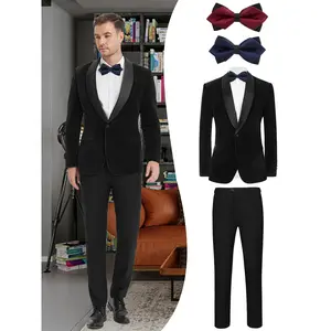Men's 4-Piece Luxury Velvet Suit Set – Lapel Jacket, Pants & 2 Bow Ties | Classic Solid Color Formal Outfit for Wedding & Banquet