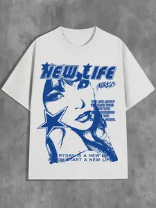 New Life Girl Star Print Short Sleeve T-Shirt, American Vintage Y2K Style Casual Top, Loose-Fitting Long Clothing