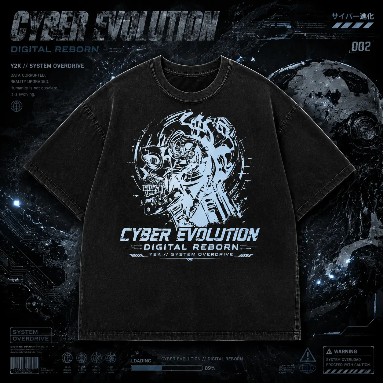 Y2K Cyber Evolution Graphic T Shirt, Futuristic Digital Print Tee, Techwear Streetwear Shirt, Oversized Vintage Washed Tee, Cyberpunk Aesthetic Top, Dark Style Casual Shirt, Unisex Graphic Clothing