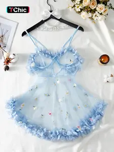 Women's Floral Embroidery Appliques Sheer Mesh Sexy Fitted Lingerie Dress, Cute Elegant Chic Criss Cross Straps Cami Nightgown for All Seasons, Ladies Sleepwear for Daily Wear