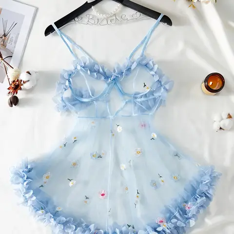 Women's Floral Embroidered Embroidery Appliques Sheer Mesh Sexy Fitted Lingerie Dress, Cute Elegant Chic Criss Cross Straps Cami Nightdress Soft Seductive Nightwear for All Seasons, Ladies Sleepwear for Daily Wear Underwear