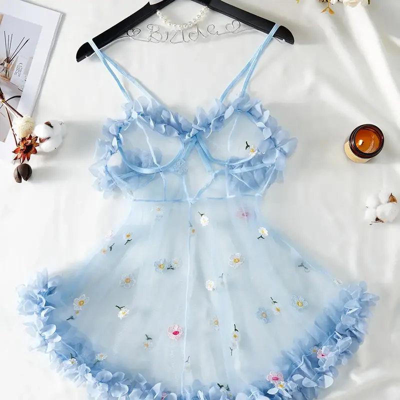 Women's Floral Embroidered Embroidery Appliques Sheer Mesh Sexy Fitted Lingerie Dress, Cute Elegant Chic Criss Cross Straps Cami Nightdress Soft Seductive Nightwear for All Seasons, Ladies Sleepwear for Daily Wear Underwear