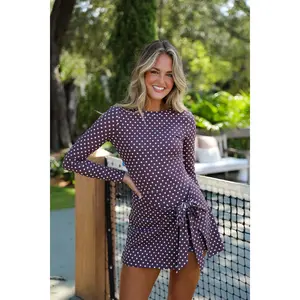 Cocolillys Serena Athletic Dress Espresso Dot Fitted Soft Romper with Long Sleeve Scoop Back Sarong Detail & Zipper Back Pocket All Seasons