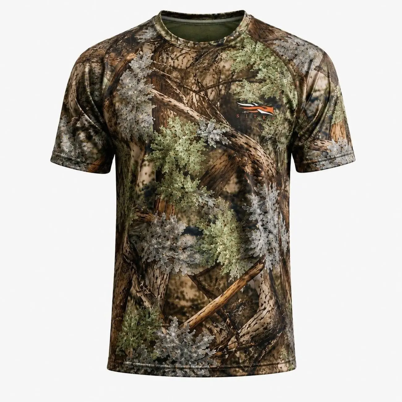 SITKA Men's Woodland Camo Hunting Performance T-Shirt – Short Sleeve Outdoor Sports Shirt