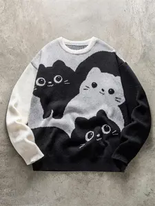 Autumn Winter New Round Neck Men's Cute Style, Adorable Cat Colorblock Sweater Pullover, Casual Loose Fit, Unisex, Indoor Wear