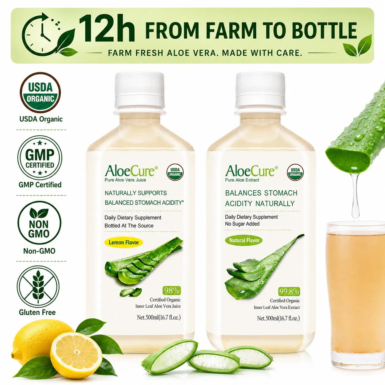 AloeCure Organic Pure Aloe Juice Beverage - 2-Bottle Sample Pack, Lemon Flavor - 2x500ml Wellness Supplement, Aloe Drink, Healthy Beverage, Organic Juice Cleanse, Lemonade, Gluten Free