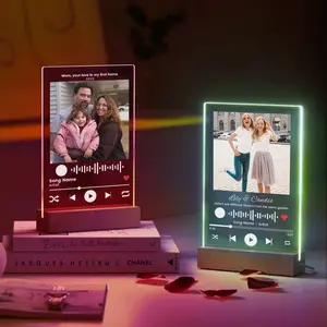 Personalized Acrylic Music Plaque from Photo with LED Night Light Wooden Base, Custom Colorful LED Light Night Lamp Song Plaque with Scannable Song Code, Unique Gifts for Lover, Anniversary Birthday Gift for Girlfriend Boyfriend Family Friends