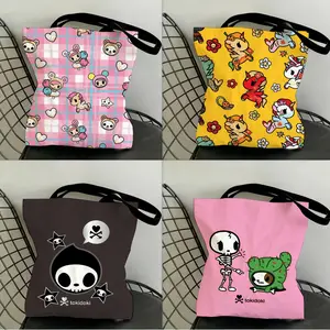 Japan Tokidoki Creative Storage Bags Canvas Double-Sided Print Black and White Tote Bag Large Capacity Shoulder Students Festive Fashion Eco Outdoor Picnic Travel High Quality Shopping Handbag Machine Washable