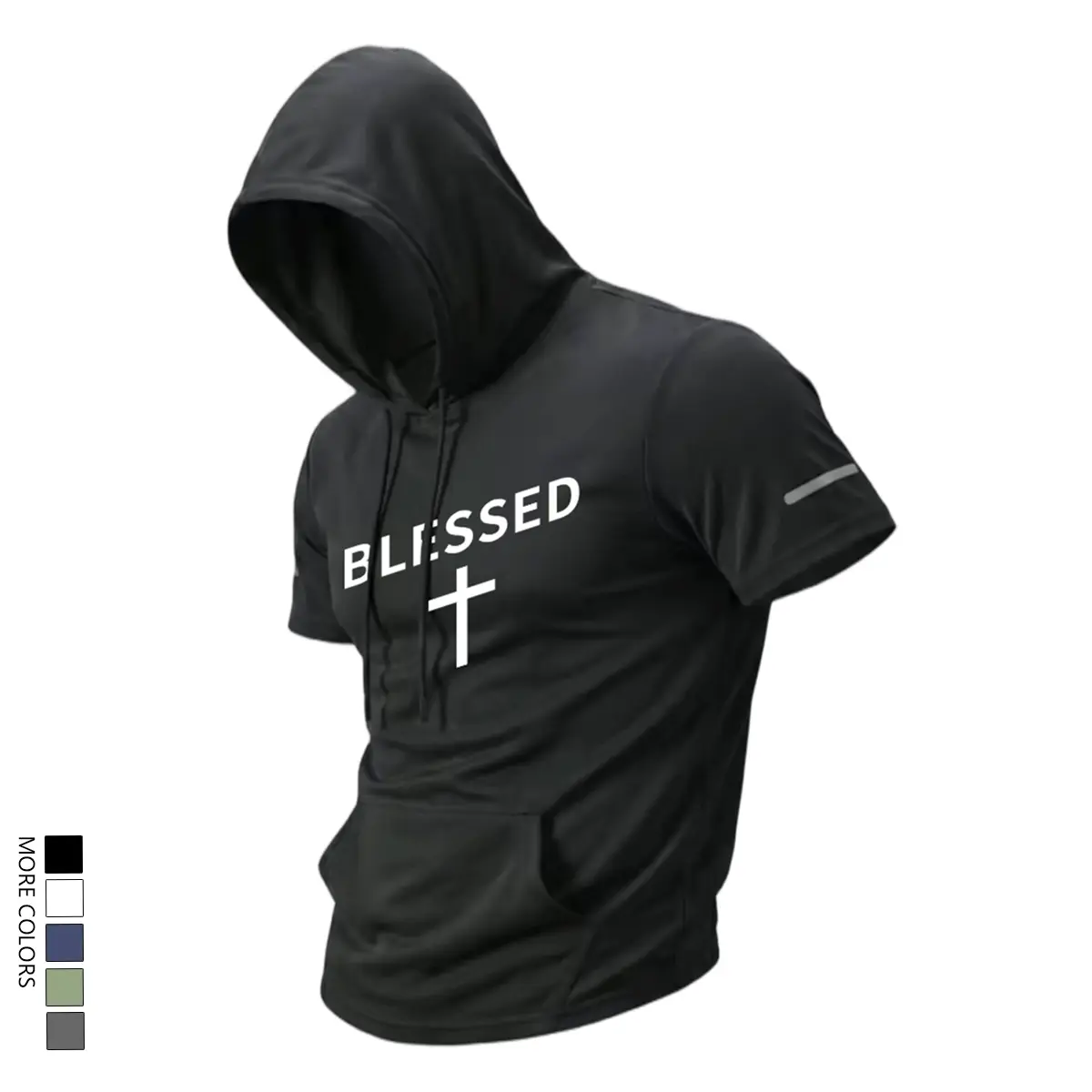 Male Athletic Short-Sleeve Hooded Shirt - Polyester, Multi-Size, Plain, Kangaroo Pocket, Breathable Quick-Dry, Body Cooling, Arms-Free Movement, Easy Gear Pairing, Suitable for Running, Casual Wear