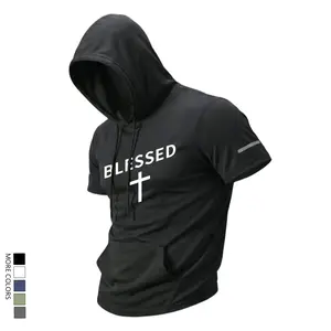 Men’s athletic short-sleeve hoodie with kangaroo pocket design, solid color breathable quick-dry fabric, suitable for running, training, fitness, comfortable everyday wear and casual wear, summer vibe.