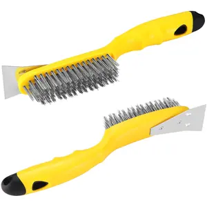 Stainless Steel Wire Brush 2 count with Metal Scraper, 79  bristles, Plastic Contoured Handle,  Heavy Duty Scratch for Cleaning Rust Dirt, Dust  Scrubbing, Welding Slag Removal