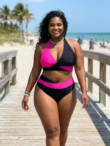 Plus Size Criss Cross High Waist Bikini Set Hot Pink and Black Waist Cinching Two Piece Swimsuit for Curvy Women True to Color UGC Aesthetic