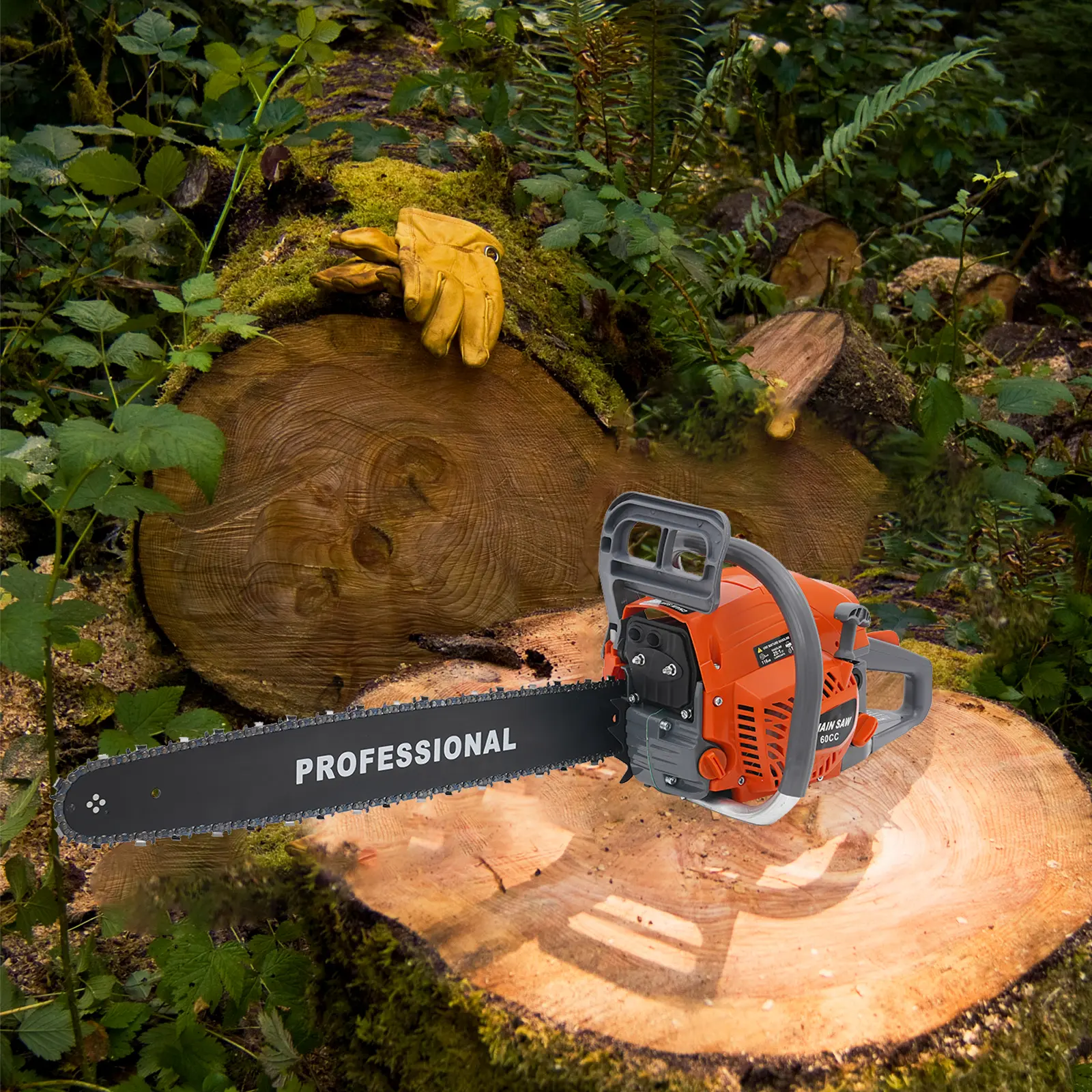 60cc Gas Chainsaw 2.8KW 22 Inch Bar, Orange 2 Stroke Hand Pull Saw for Tree Cutting Logging, 10000rpm Manganese Steel Chain