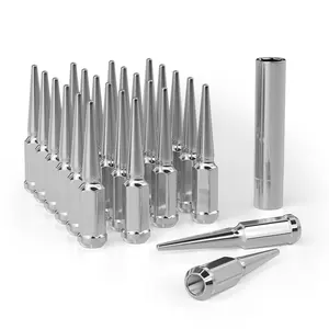 24pcs Chrome M14x1.5 Spike Wheel Lug Nuts  Closed End With 1 Socket Key Conical Bulge Seat Compatible Silverado Sierra Ram