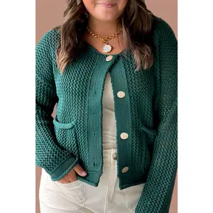 Blackish Green Plus Size Golden Accent Buttons Short Sweater Cardigan