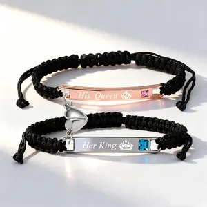 2 Piece Adjustable Woven Braided Bracelet Set Magnetic Heart Charm Couple Bracelets Romantic Stylish Daily Wear Gift for Valentine's Day Anniversary Birthday