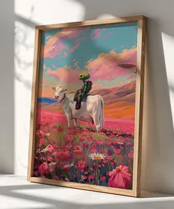 Best Friends (UFO Art, Little Cute Alien, Retro Landscape Oil Painting, UFO Cow Poster, Alien Wall Art) - No Frame