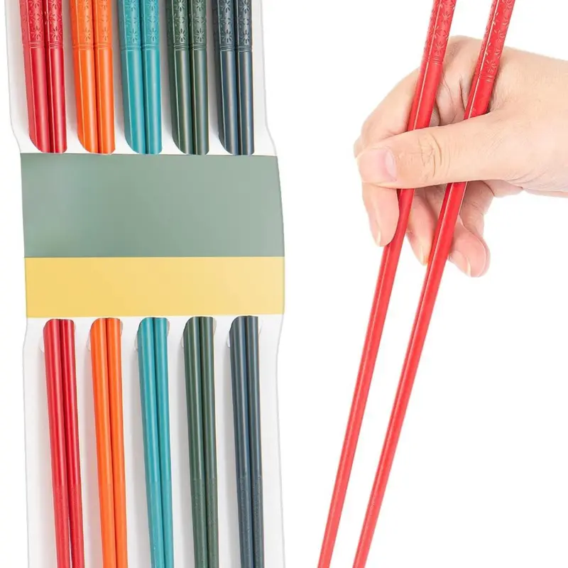 9.5-Inch Rust-Free Fiberglass Chopsticks Set (5 Pairs) - Durable Heat-Resist Alloy Cutlery, BPA-Free Utensils, Non-Slip, Beginner-Friendly, Water-Absorption Resistant, Colorful Asian Kitchenware, Dishwasher Safe, Ideal for Youth Noodles, Bento Box Ready