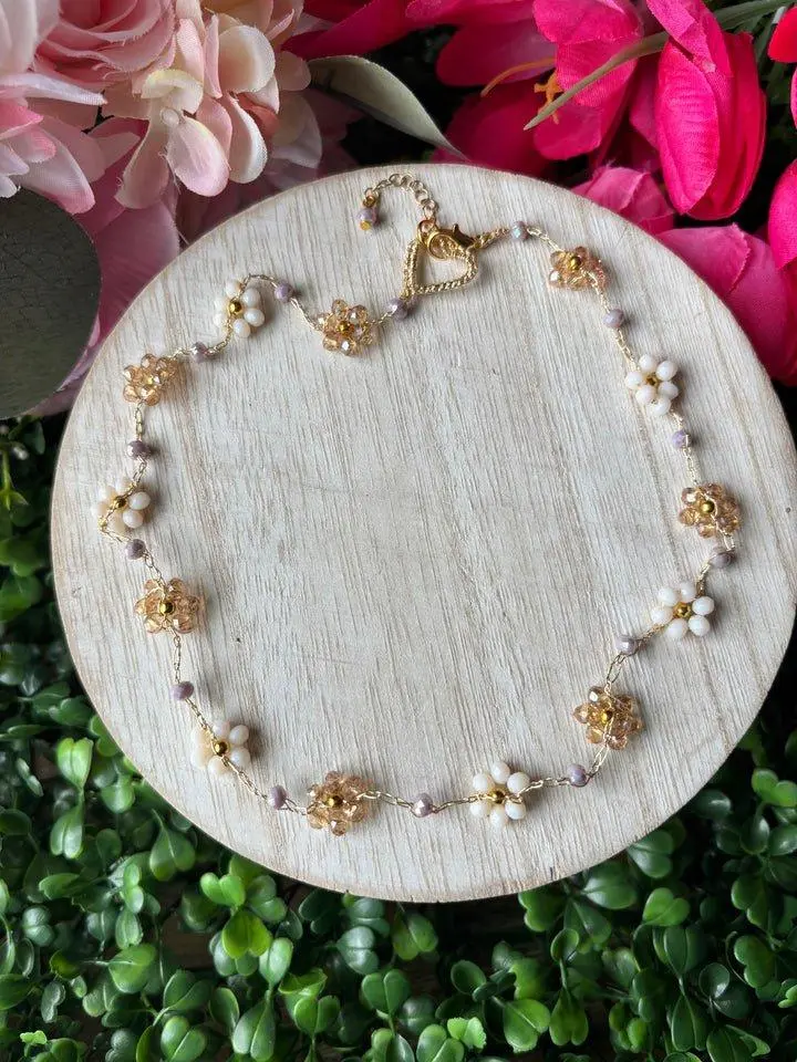 Florecita Necklace Handmade 16" Crochet Metallic Gold Yarn Floral Design with Gold Plated Clasp