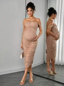 BELLAdresses Elegant Maternity Dress, Luxury Evening Dress For Wedding, Faux Pearls Dress, Apricot Maternity Dress