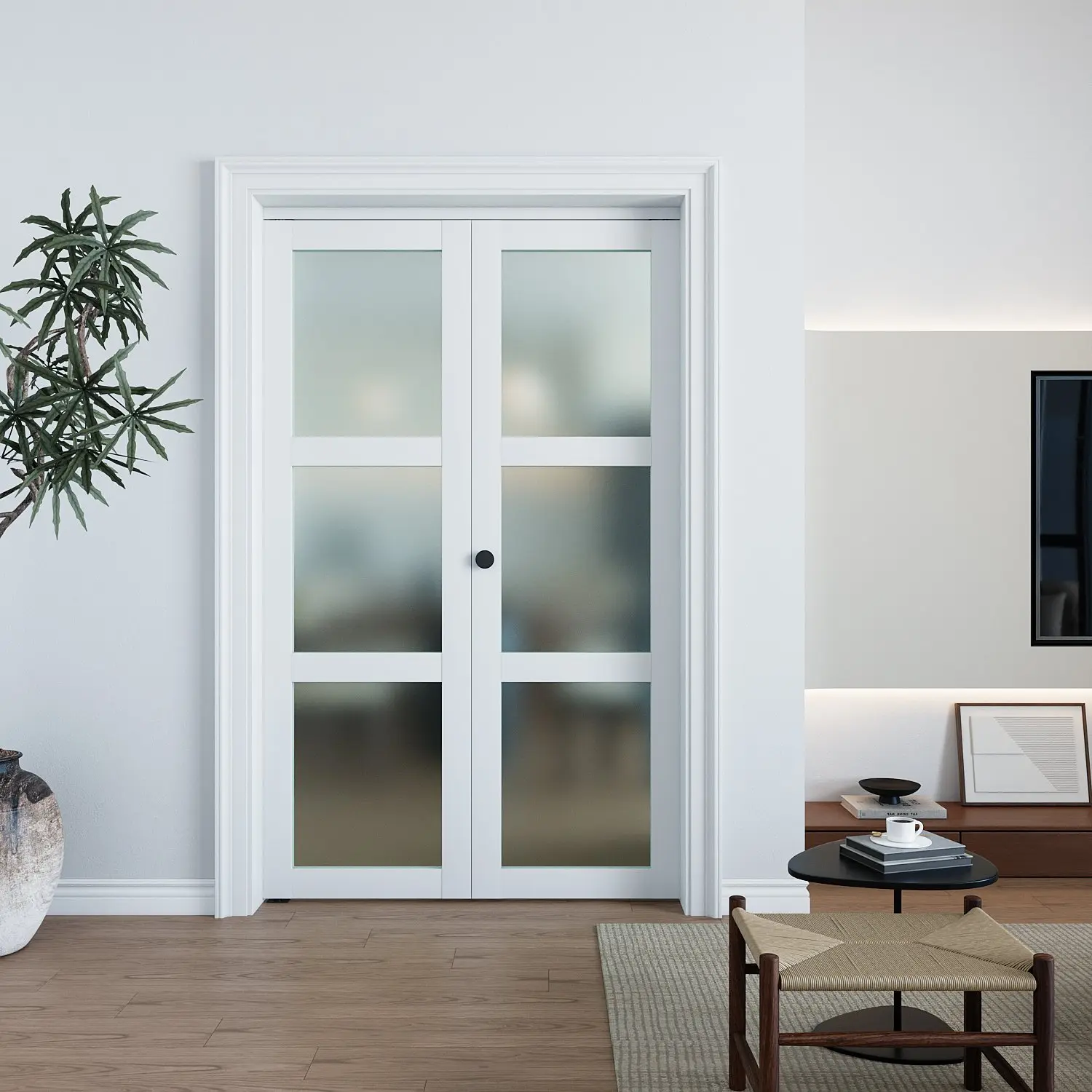 White PVC 3-Lite Bifold Frosted Glass Horizontal Closet Door with Integrated Silent Slide System, Hidden Hardware, Easy Install Efficiency, Pre-Drilled Holes, Complete Kit (Handle, Floor Guides), Installation Manual for Pantry, Bathroom