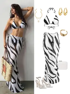 New Bikini Three-Piece Set, Classic Zebra Print, Bold Color Block Lines, High-End Look, Perfect for Beach Pool