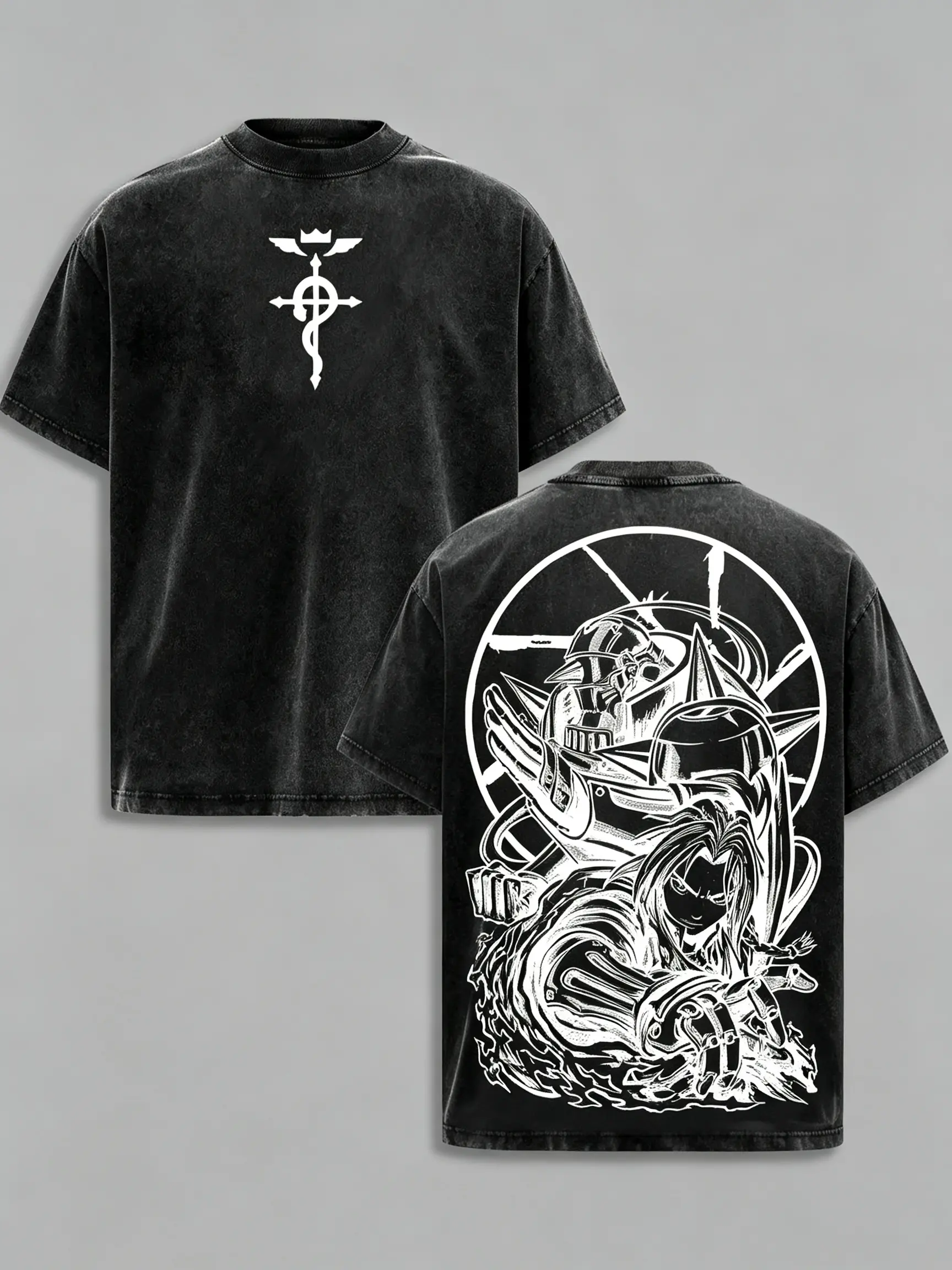 Fullmetal Alchemist Brotherhood Oversized Washed Graphic Tee – Vintage Heavy Cotton T-Shirt, Classic Anime Streetwear Top, Perfect for Manga Lovers & Dark Fantasy Fans，cotton graphic tees，viral tiktok shirt