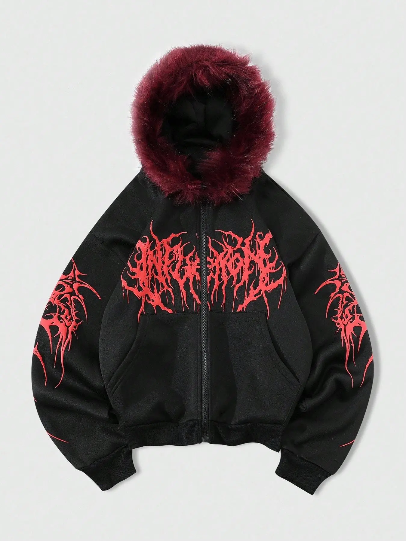 Unisex Gothic Graphic Print Faux Fur Hooded Long Sleeve Jacket, Street Fashion Outerwear, Street Dance Hip-Hop Style, Unique Cool Design, Perfect for Campus Outdoor Daily Wear Coats Outerwear