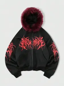 Unisex Gothic Print Faux Fur Hooded Jacket, Street Dance Hip-Hop Style, Unique Cool Design, Perfect for Campus Outdoor Daily Wear Coats
