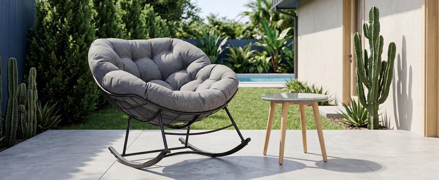 【New】Heavy Duty Outdoor Rocking Chair with Cushion, Oversized Egg Lounge, 450 Lbs All-Weather Glider for Patio, Garden, Living Room