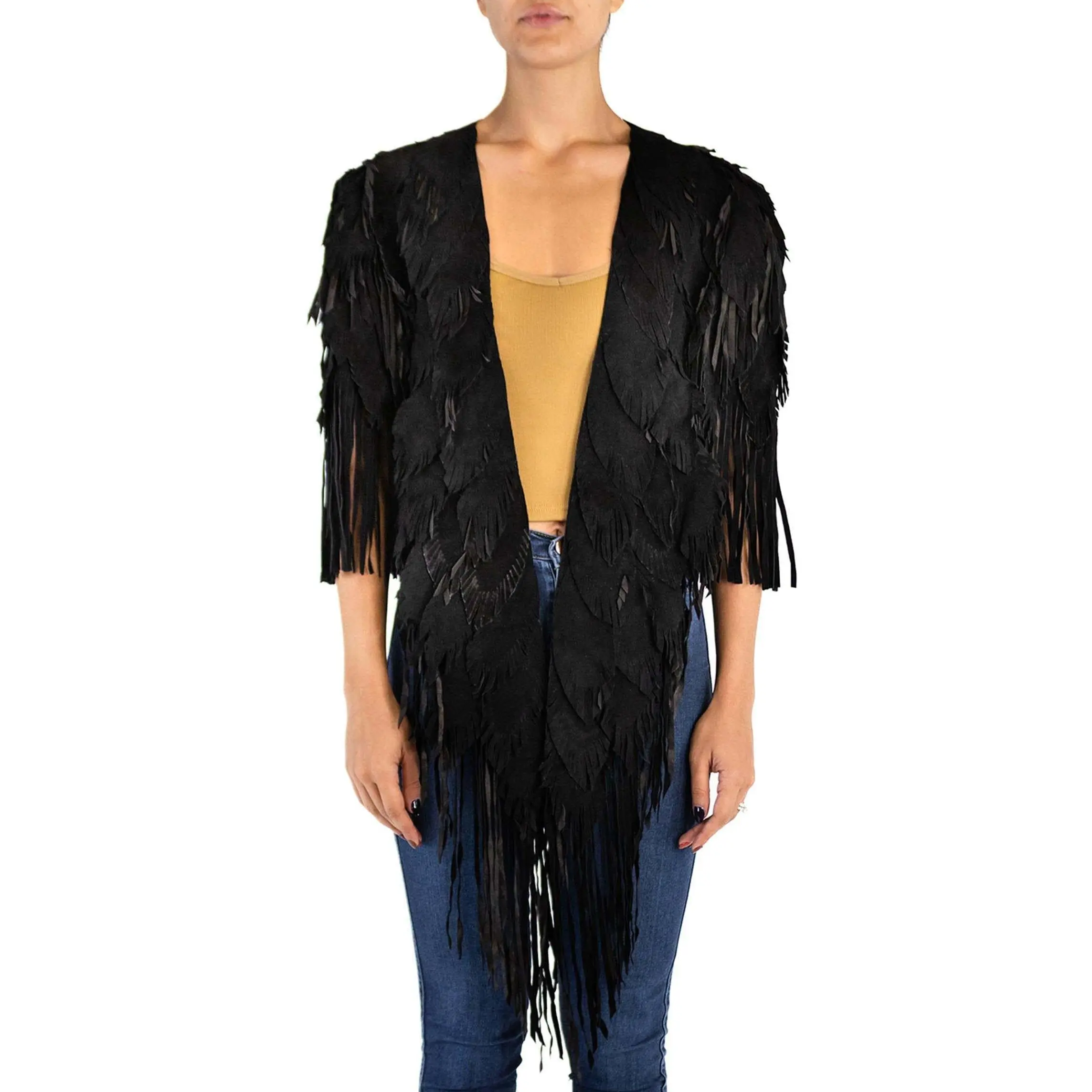 MORPHEW COLLECTION Raven Black Suede Fringe Feather Leather Long Cape