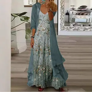 Women'sCasualTwoPieceBohemianFloralPrintMaxiDresswithCardiganFlowingChiffonWeddingGuestDress