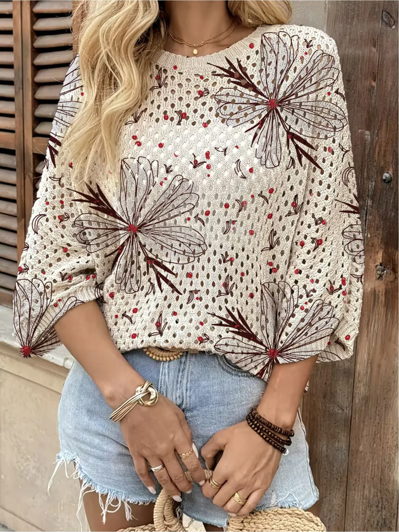Spring & summer Bohemian Chic Womenswear knit top, Dressy Boho Blouses, round neck, hollow-out batwing sleeves, loose fit. Contrast floral print, lightweight. Great for daily, commute, vacation & beach bikini cover-up.