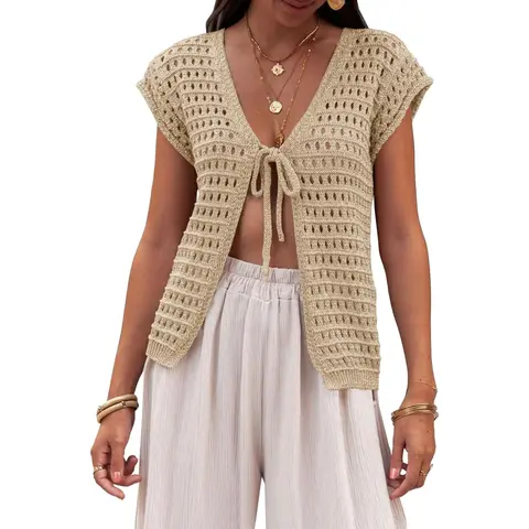 Saodimallsu Women's Fitted Tie-Knot Crochet Shrug - Short Sleeve, Open Front, Lightweight, Breathable, Cropped Knit Cardigan Cover Up for Summer Outfits, Back to School Beach-to-Party Womenswear Tops