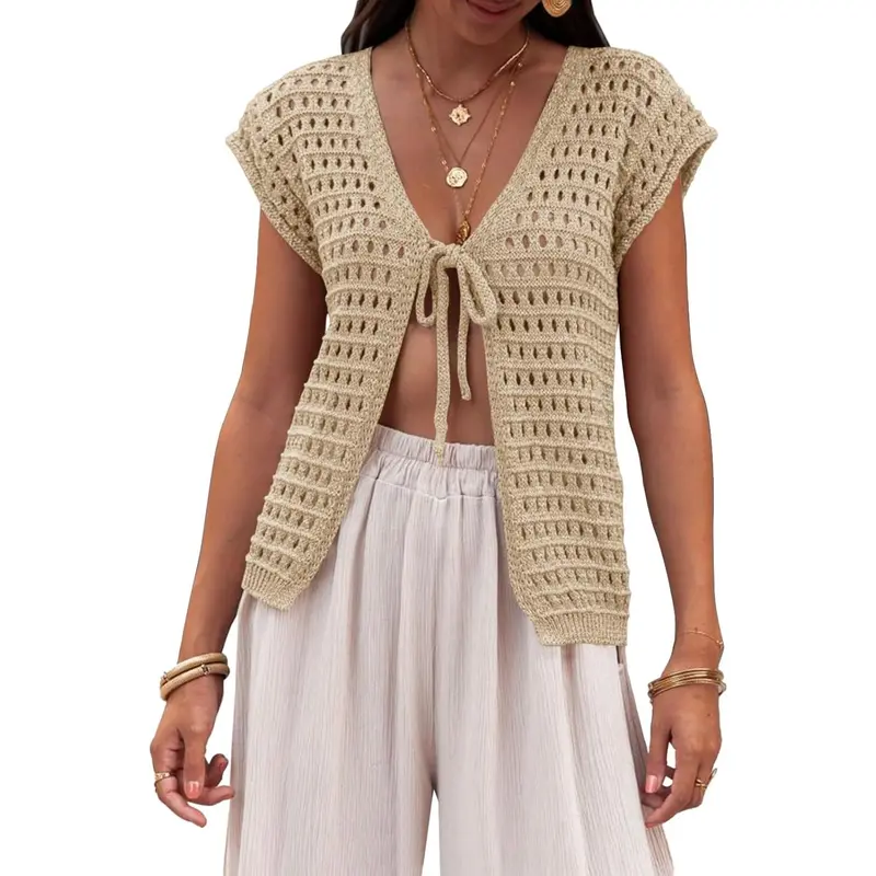 Saodimallsu Women's Fitted Tie-Knot Crochet Shrug - Short Sleeve, Open Front, Lightweight, Breathable, Cropped Knit Cardigan Cover Up for Summer Outfits, Back to School Beach-to-Party Womenswear Tops