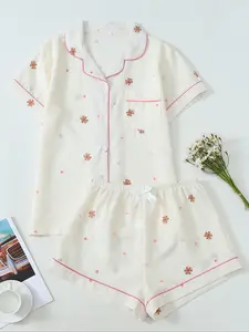 Women's Bear Print Short Sleeve Pajama Set, Casual Comfy Cute Loungewear Button Front Pocket Lapel Neck Top & Bow Decor Elastic Waist Shorts PJ Set, Ladies Sleepwear for All Seasons