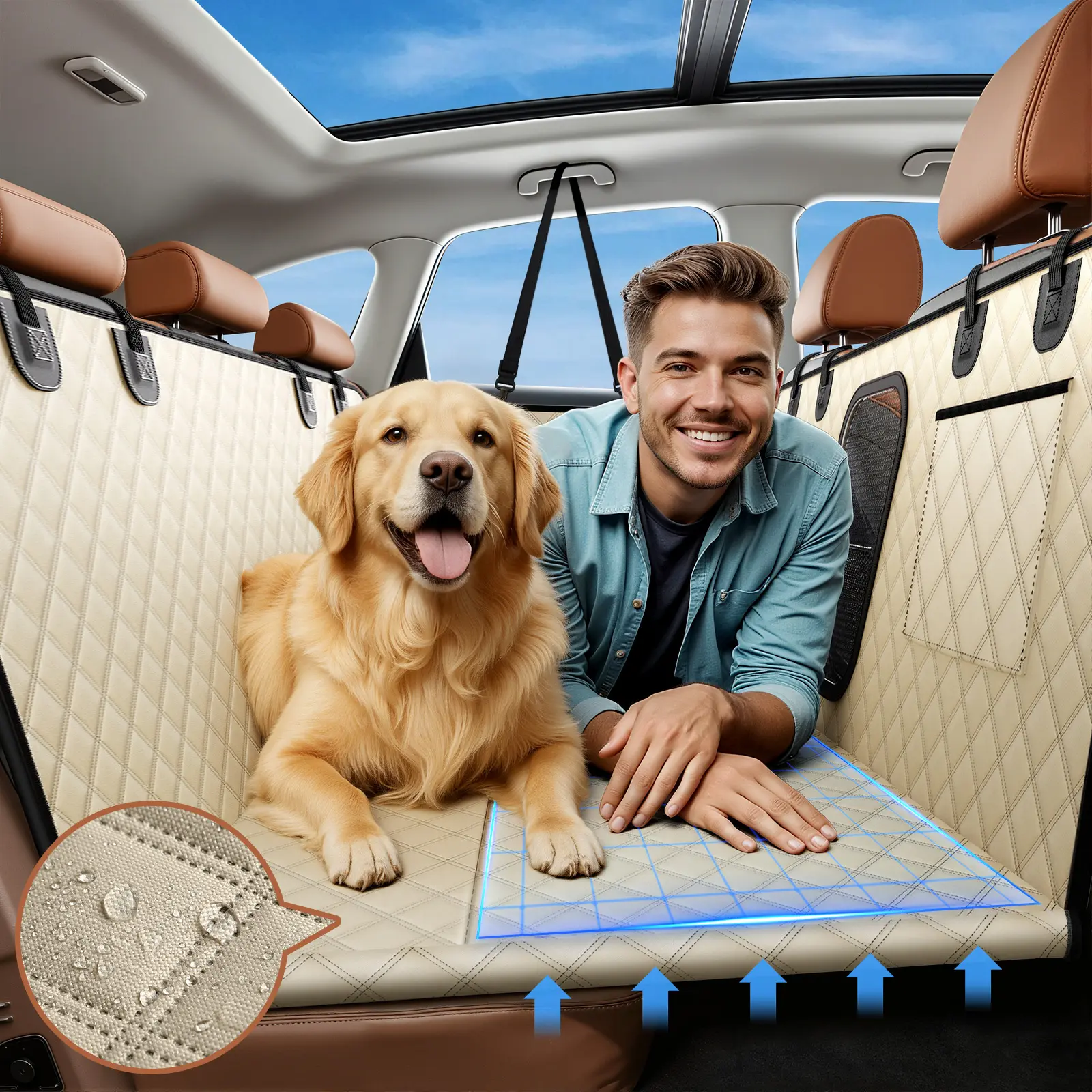 SHareconn 600D Heavy Duty Plain Dog Car Seat Cover, 2026 Upgraded Hard Honeycomb Bottom Extender (600lbs Capacity) with Zipper, Buckle, Metal Parts, Seat Belt, Hook and Loop - Waterproof, Scratchproof, Nonslip SUV Hammock (Khaki, Easy to Clean), Vacuum Cl