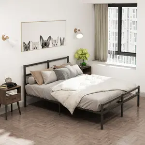 Queen Sized Metal Platform Bed Frame with Headboard, Sturdy Construction, No Box Spring Required, Queen Sized Bed Frame