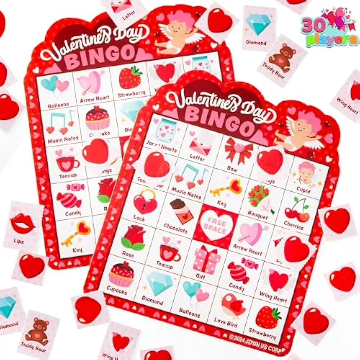 30 Players Valentines Day Bingo Cards (5x5) for Kids School Classroom Exchange Gift Rewards, Party Games, Indoor Family Activities