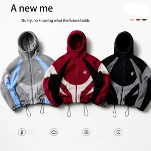 Autumn/Winter color-block patchwork fleece jacket, street-style hooded sweatshirt with drawstring waist