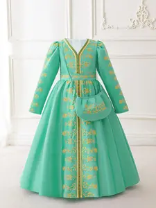 Girls' Embroidery Satin Dress with Bag, Elegant Long Sleeve Dress for Party Formal Occasions, Kids Clothes for All Seasons
