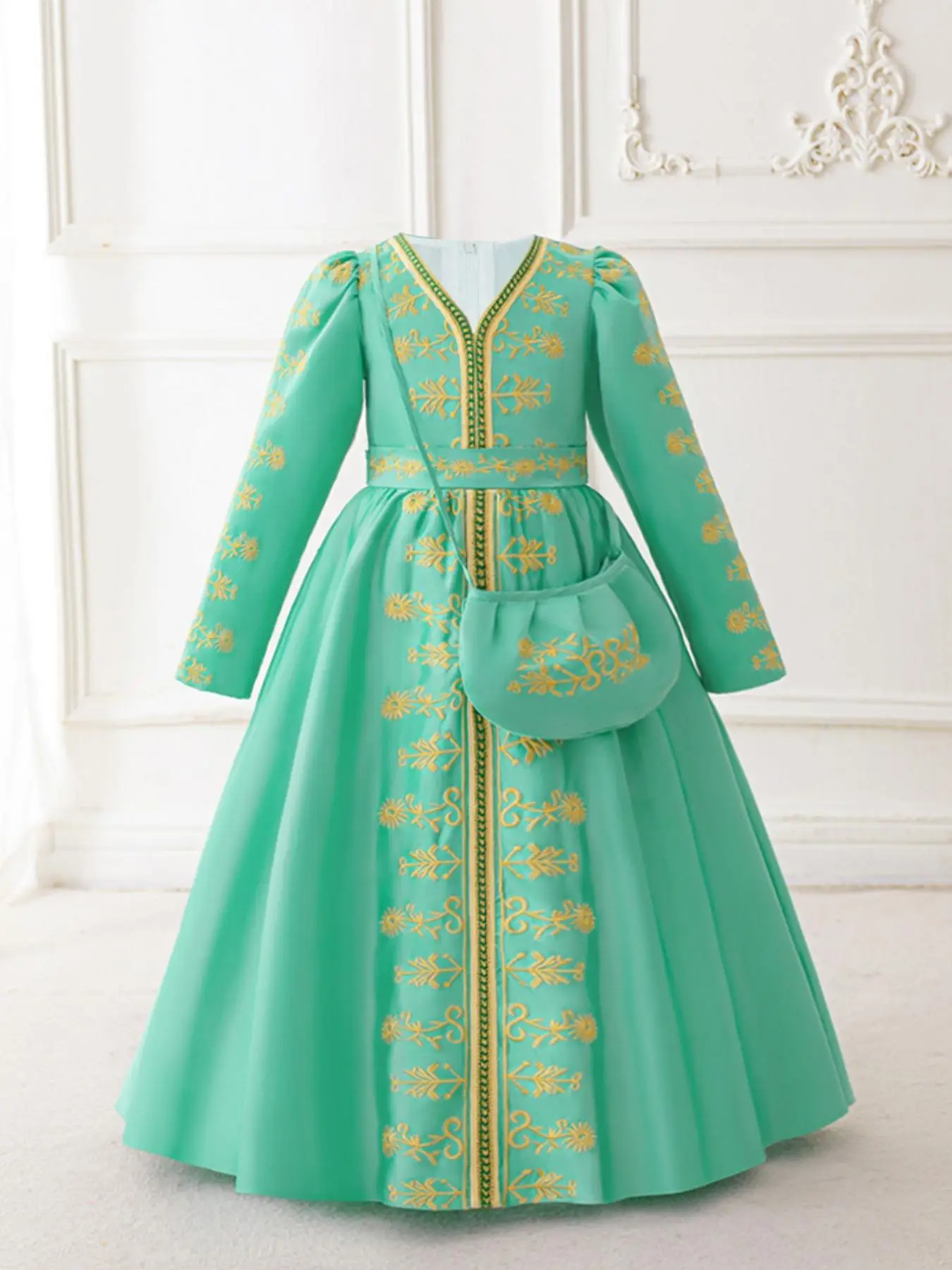 Girls' Embroidery Satin Dress with Bag, Elegant Long Sleeve Dress for Party Formal Occasions, Kids Clothes for All Seasons