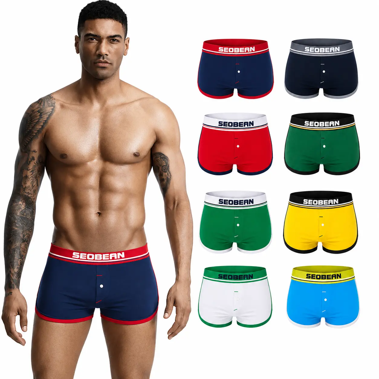 SEOBEAN Men’s Low Rise Trunk Boxer Briefs, Stretch Underwear with Button Fly, Contrast Trim, Short Leg Fit for Daily Wear, Gym, Lounge & Travel-00503