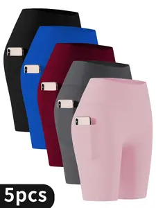 5 Pcs High-Stretch  Yoga shorts  with Pocket, Women's Solid Color Activewear Leggings for Running Fitness Sports and Daily leisure Butt Lifting Athletic Compression Shorts For Women