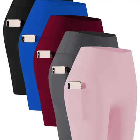 Women's 5-Pack Solid Color High-Waisted Yoga Shorts with Pockets - Synthetic, Stay-Put Waistband, Sweat-Dry Fabric, 4-Way Stretch Seamless, Tight-Fit Activewear, 80%-90% Squat Proof, Butt-Lifting, Body Shaping for Yoga/Running, Training (Check Size Chart)